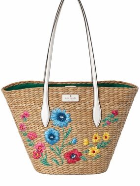 kate spade Natural Straw Tote with Multicolor Floral Embroidery and White Straps